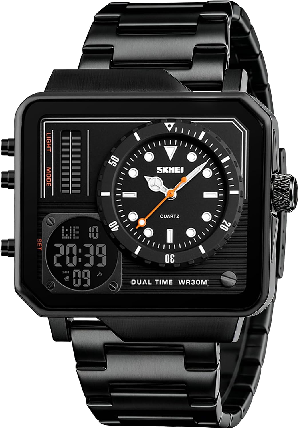 SKMEI Men's Digital Sports Watch, LED Square Large Face Analog Quartz Wrist Watch with Multi-Time Zone Waterproof Stopwatch