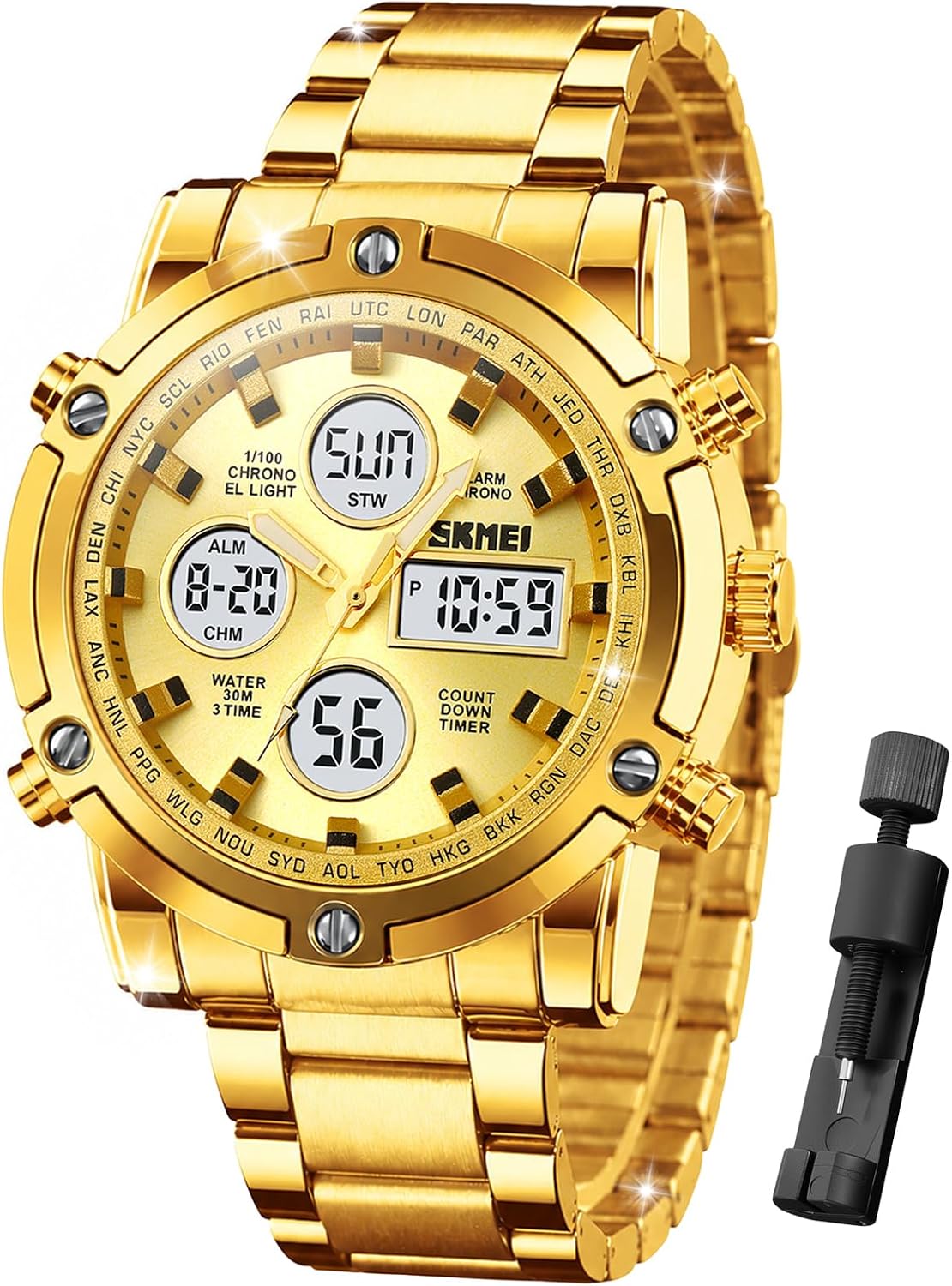 SKMEI Mens Wrist Watch, Waterproof Military Analog Digital Watches with LED Multi Time Chronograph, Stainless Steel Business Watches for Men