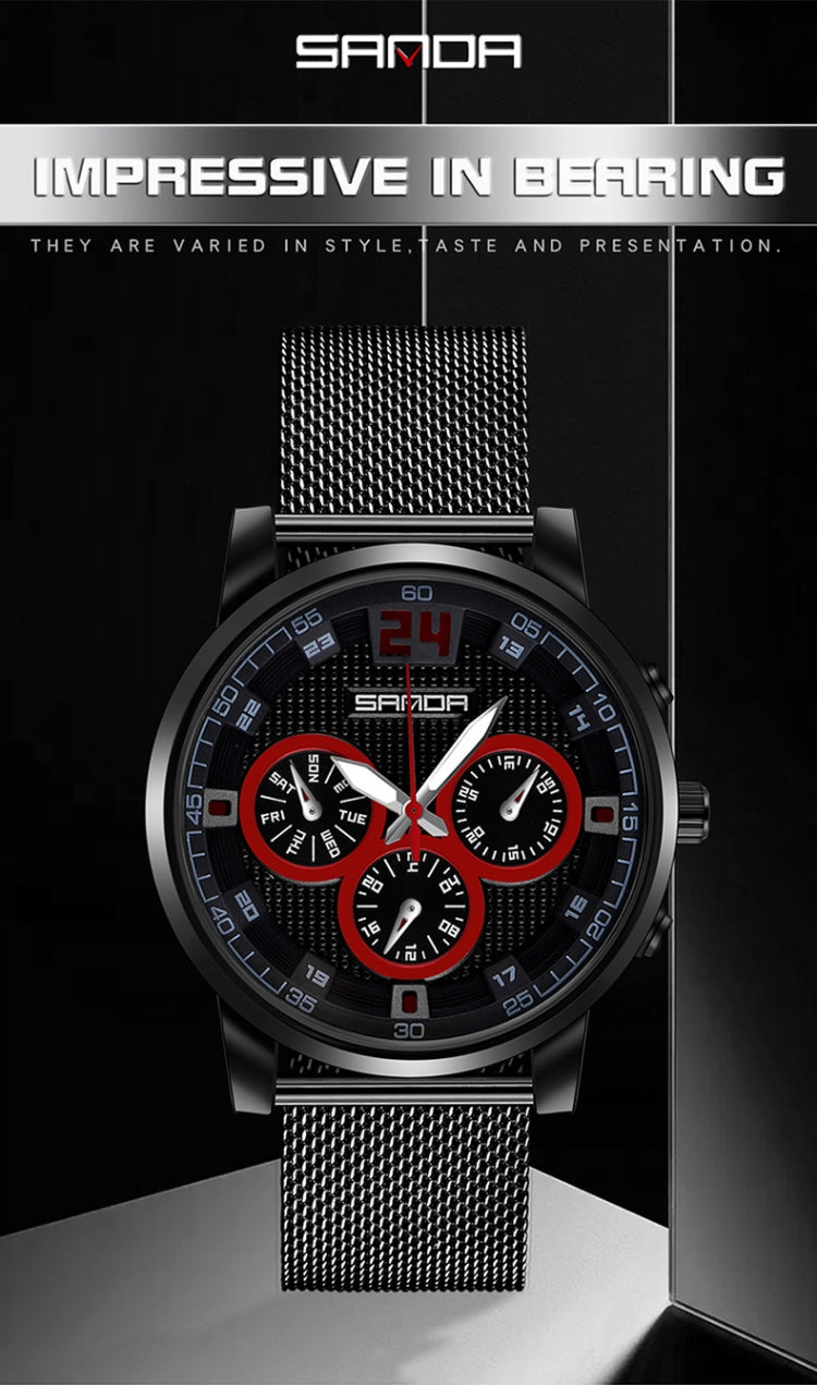 SANDA 5009 Business Fashion Three Eye Six Needle Casual Leather Waterproof Men Quartz Watch
